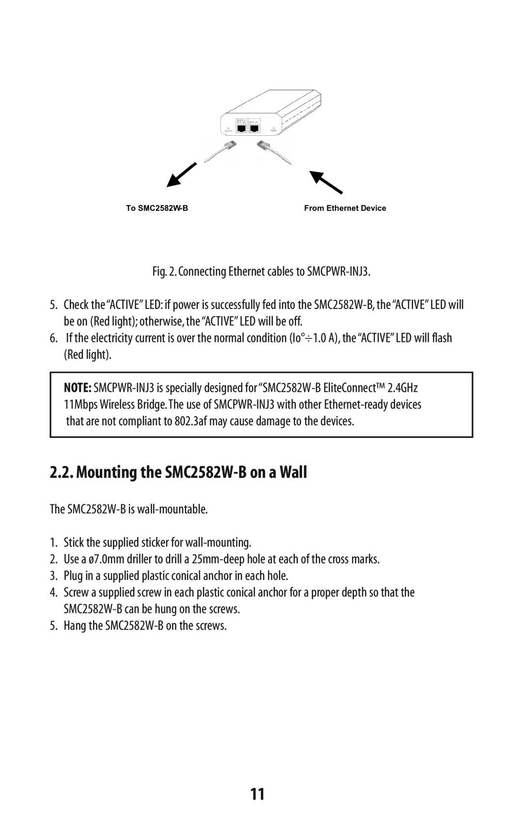 SMC Networks manual Mounting the SMC2582W-B on a Wall 