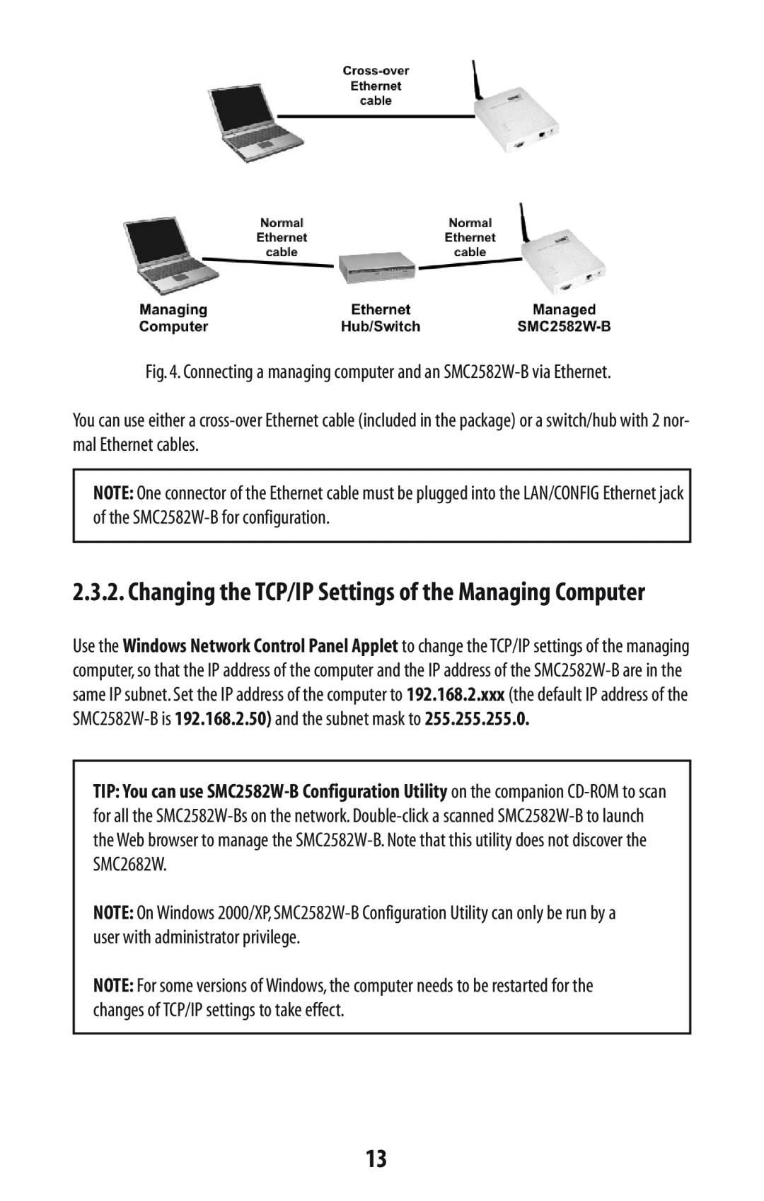SMC Networks SMC2582W-B manual Changing the TCP/IP Settings of the Managing Computer 