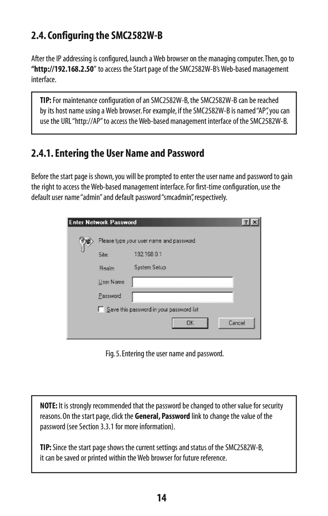 SMC Networks manual Configuring the SMC2582W-B, Entering the User Name and Password, Entering the user name and password 