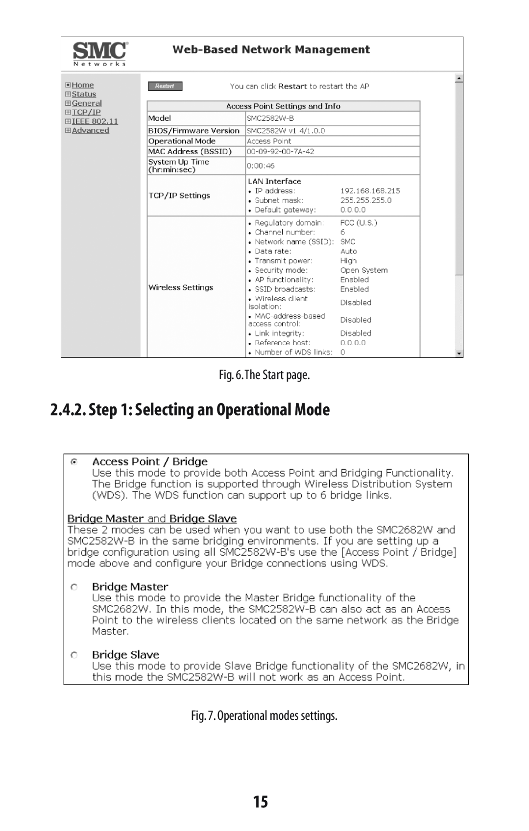 SMC Networks SMC2582W-B manual Selecting an Operational Mode, The Start page, Operational modes settings 