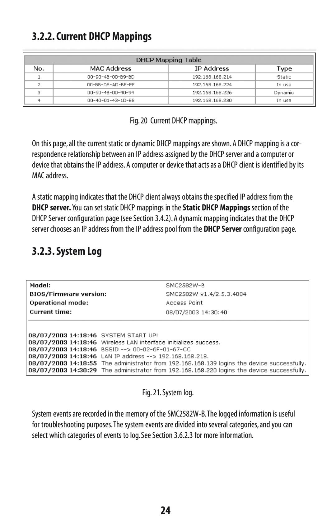 SMC Networks SMC2582W-B manual Current DHCP Mappings, System Log, Current DHCP mappings, System log 