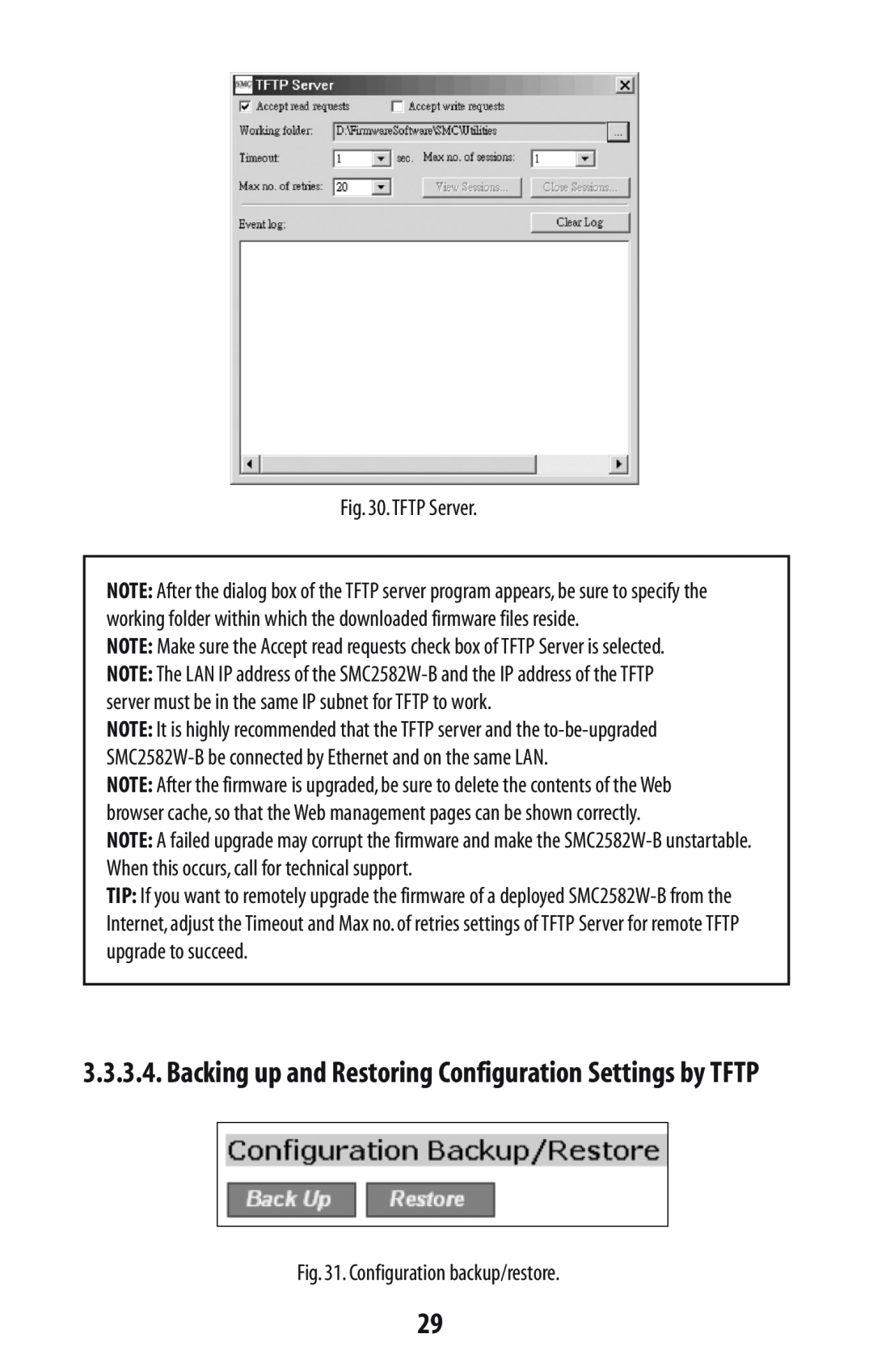 SMC Networks SMC2582W-B Backing up and Restoring Configuration Settings by TFTP, TFTP Server, Configuration backup/restore 