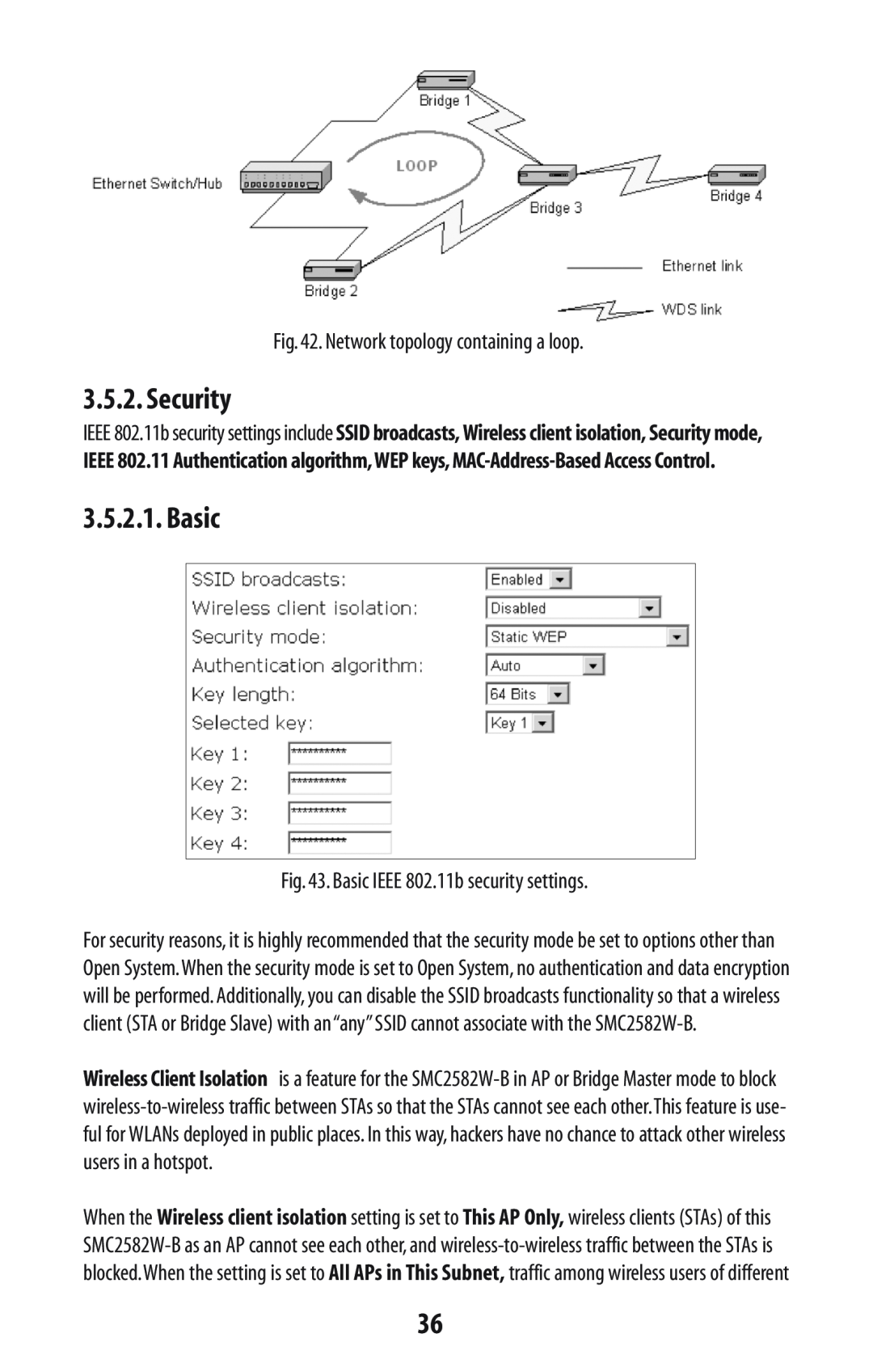 SMC Networks SMC2582W-B manual Security, Network topology containing a loop, Basic IEEE 802.11b security settings 