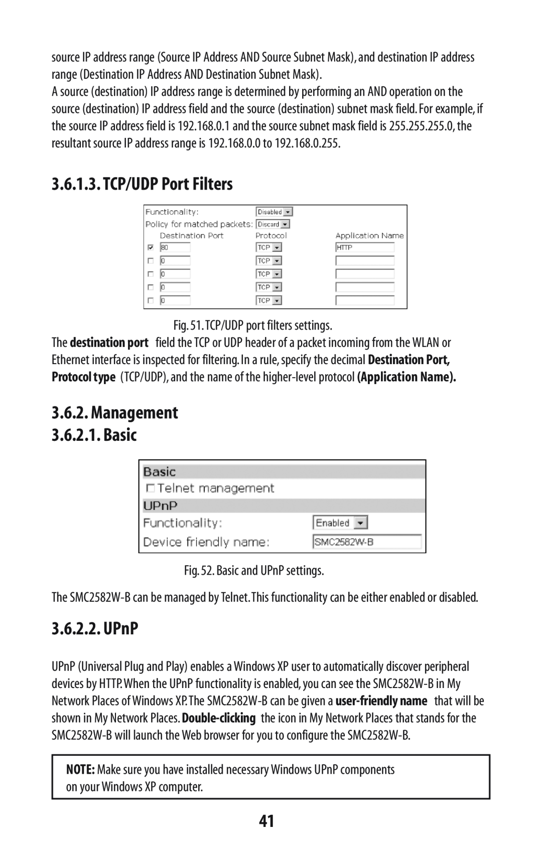 SMC Networks SMC2582W-B manual TCP/UDP Port Filters, Management 3.6.2.1. Basic, UPnP, TCP/UDP port filters settings 
