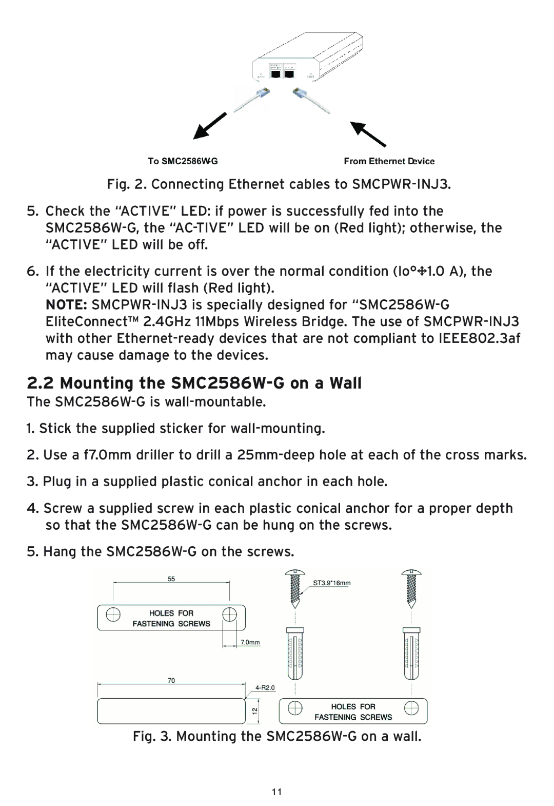 SMC Networks manual Mounting the SMC2586W-G on a Wall, Mounting the SMC2586W-G on a wall 