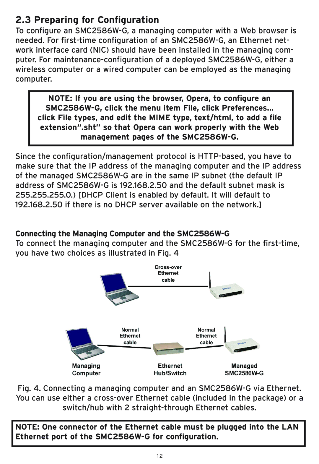 SMC Networks manual Preparing for Configuration, Connecting the Managing Computer and the SMC2586W-G 