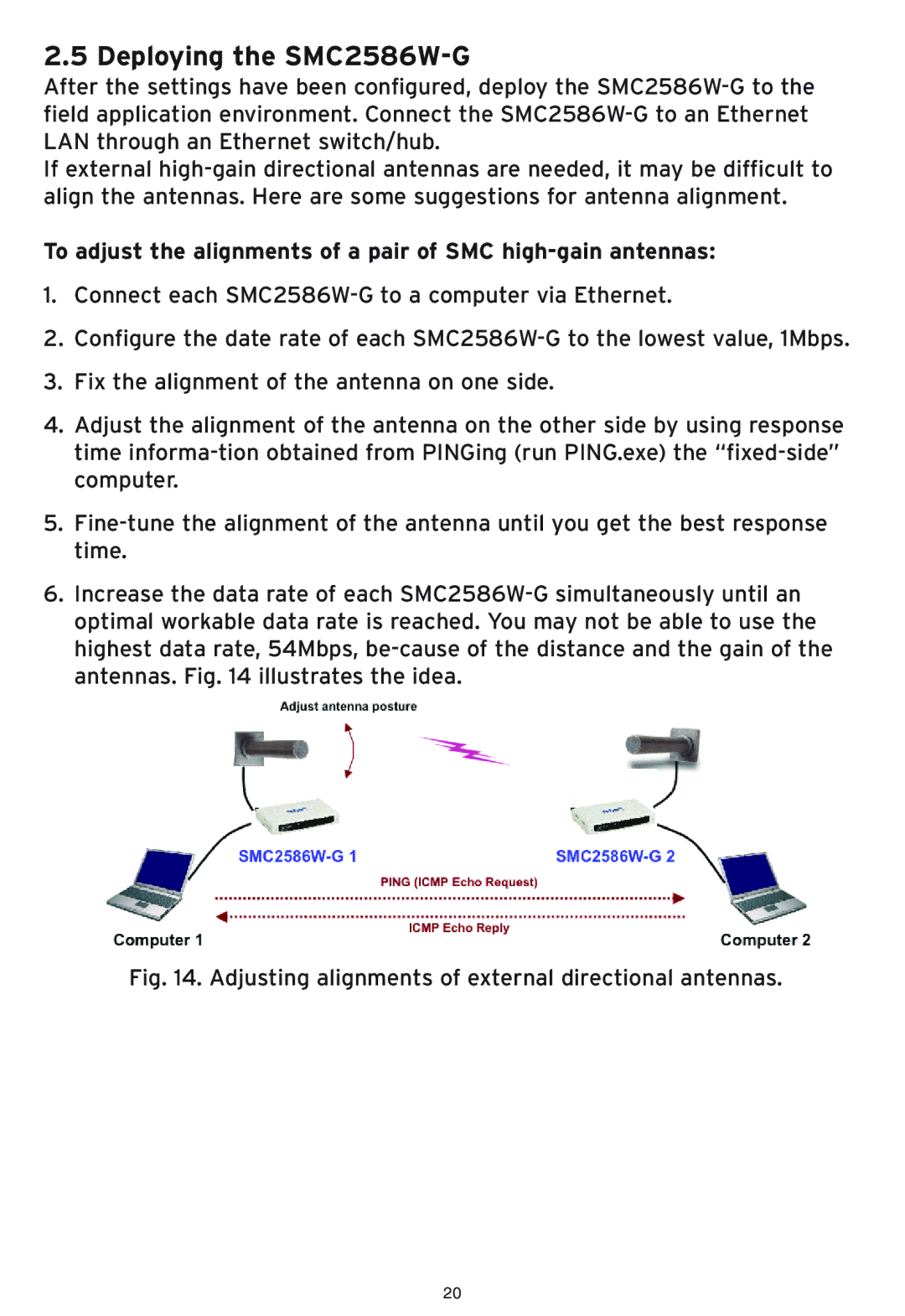 SMC Networks manual Deploying the SMC2586W-G, To adjust the alignments of a pair of SMC high-gain antennas 