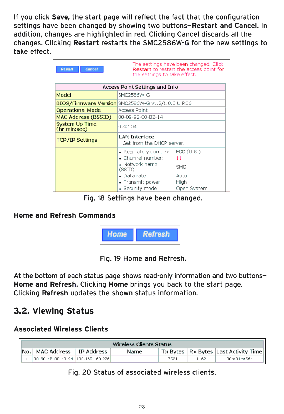 SMC Networks SMC2586W-G manual Viewing Status, Home and Refresh Commands, Associated Wireless Clients 