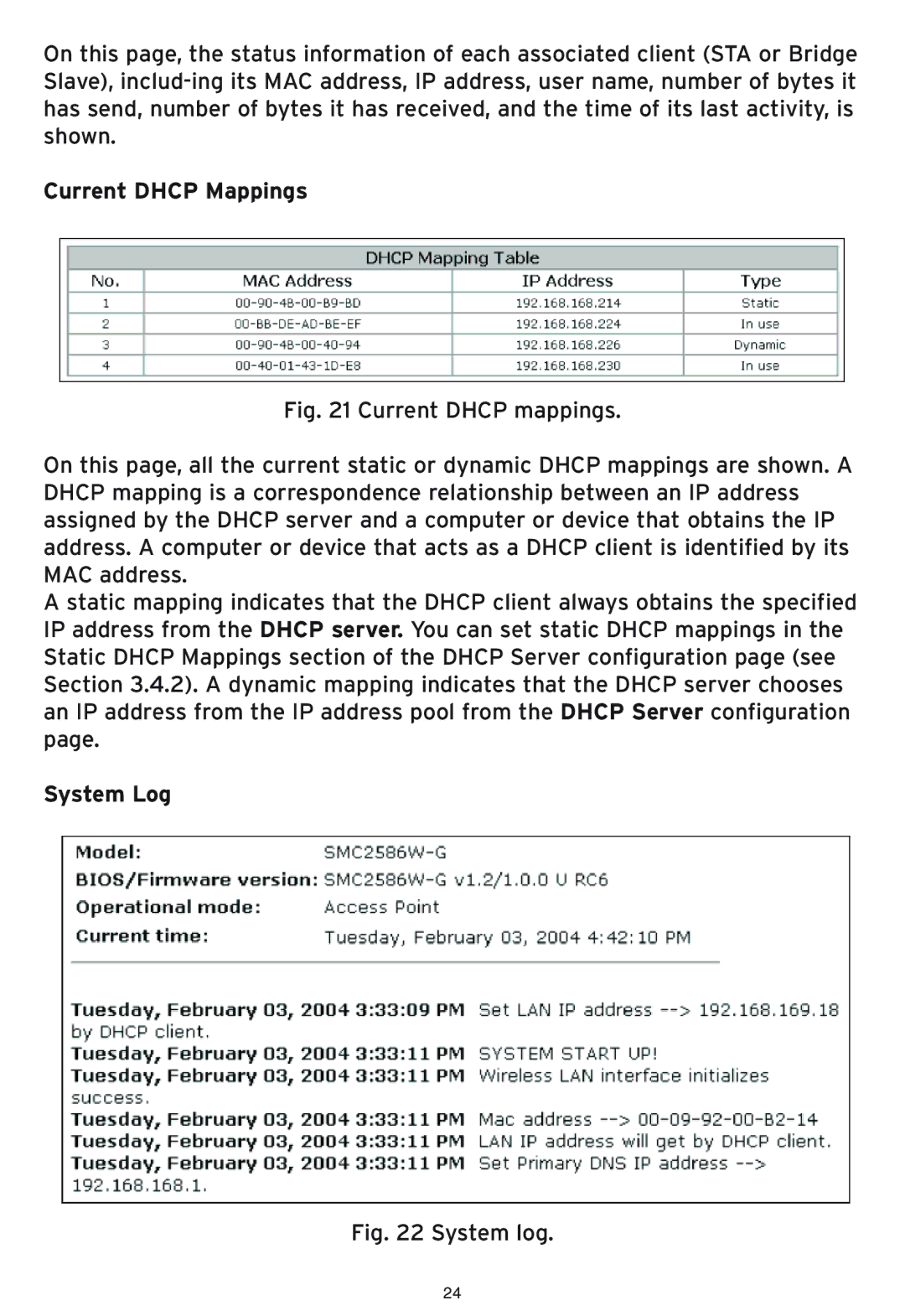 SMC Networks SMC2586W-G manual Current Dhcp Mappings, System Log 