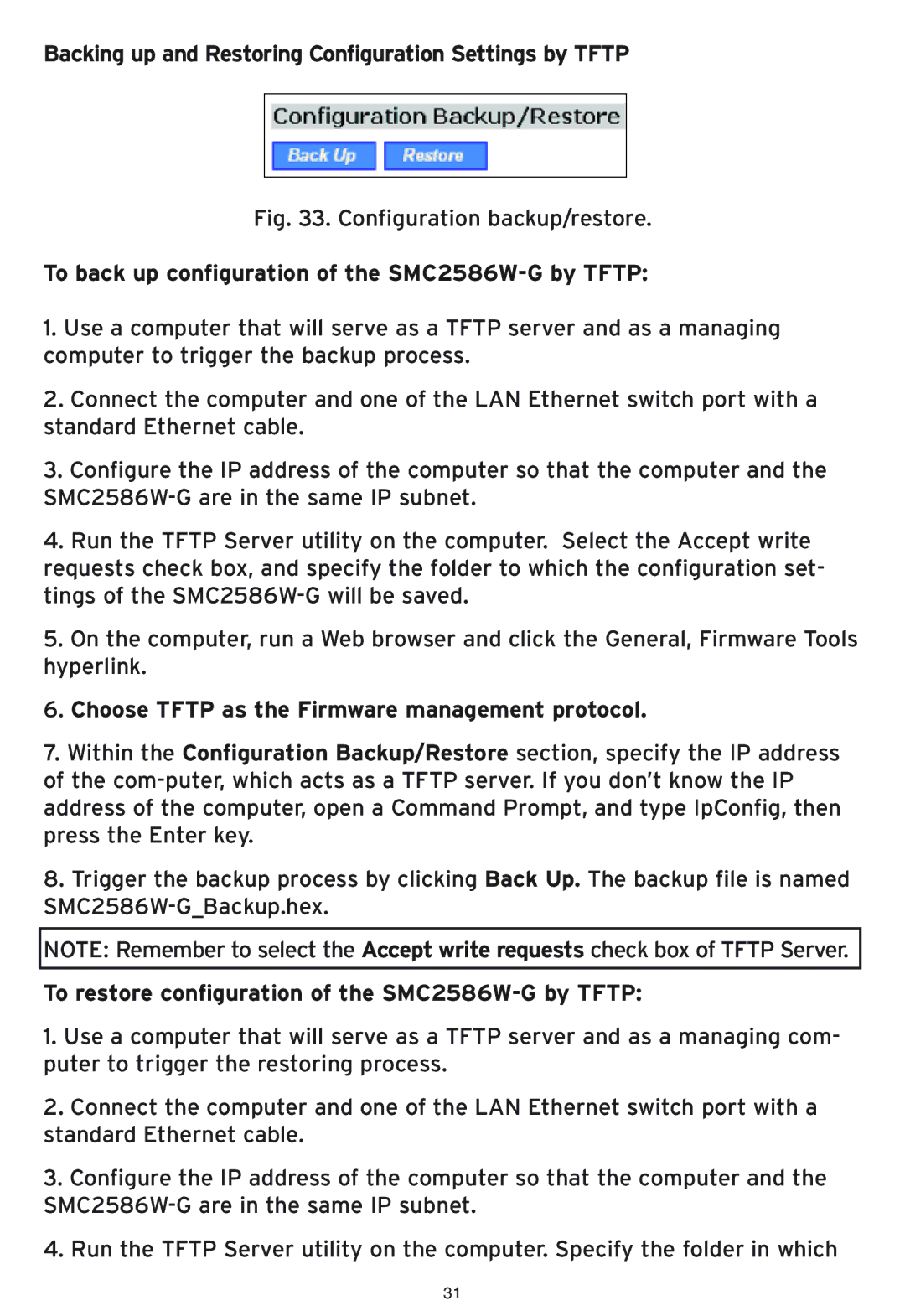 SMC Networks SMC2586W-G manual Backing up and Restoring Configuration Settings by Tftp 