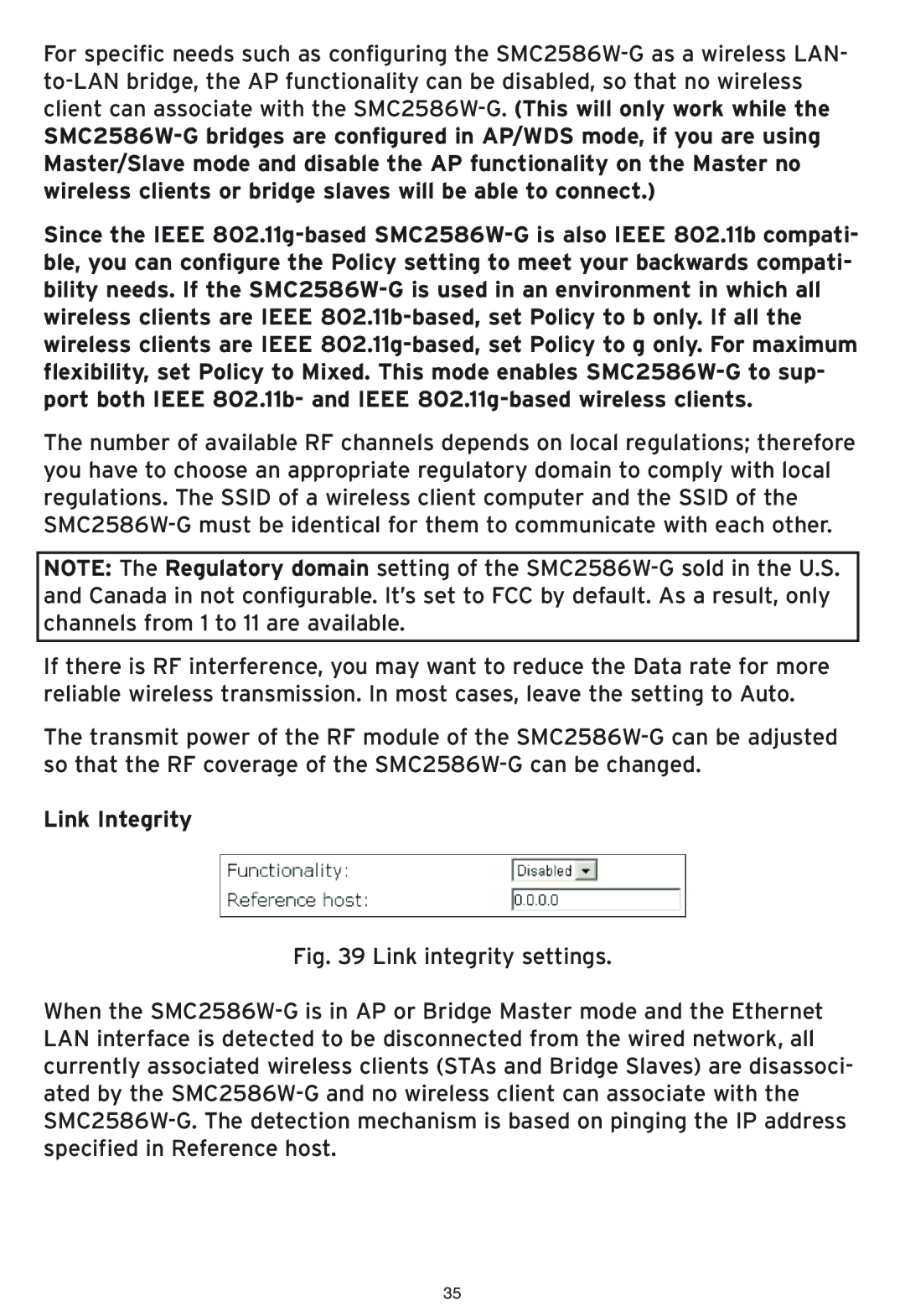 SMC Networks SMC2586W-G manual Link Integrity 