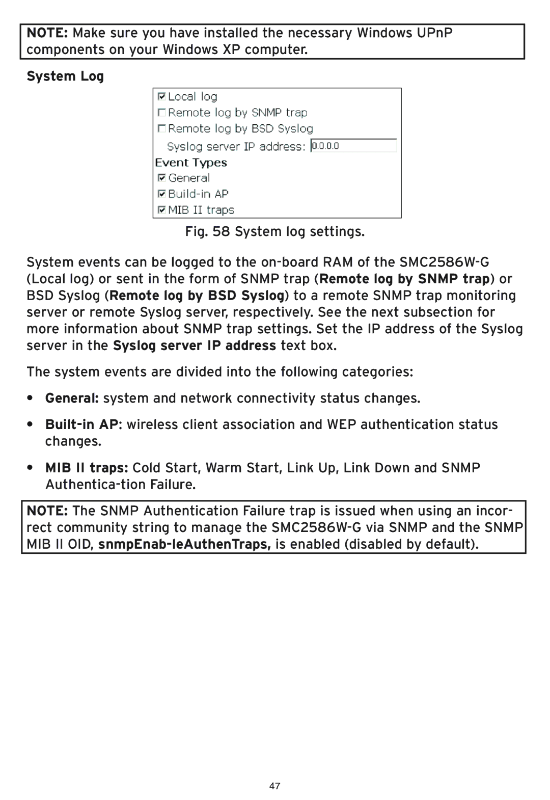 SMC Networks SMC2586W-G manual System Log 