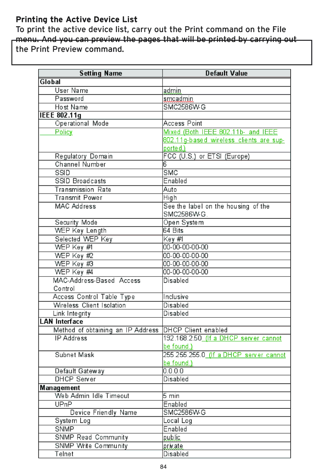 SMC Networks SMC2586W-G manual Printing the Active Device List 