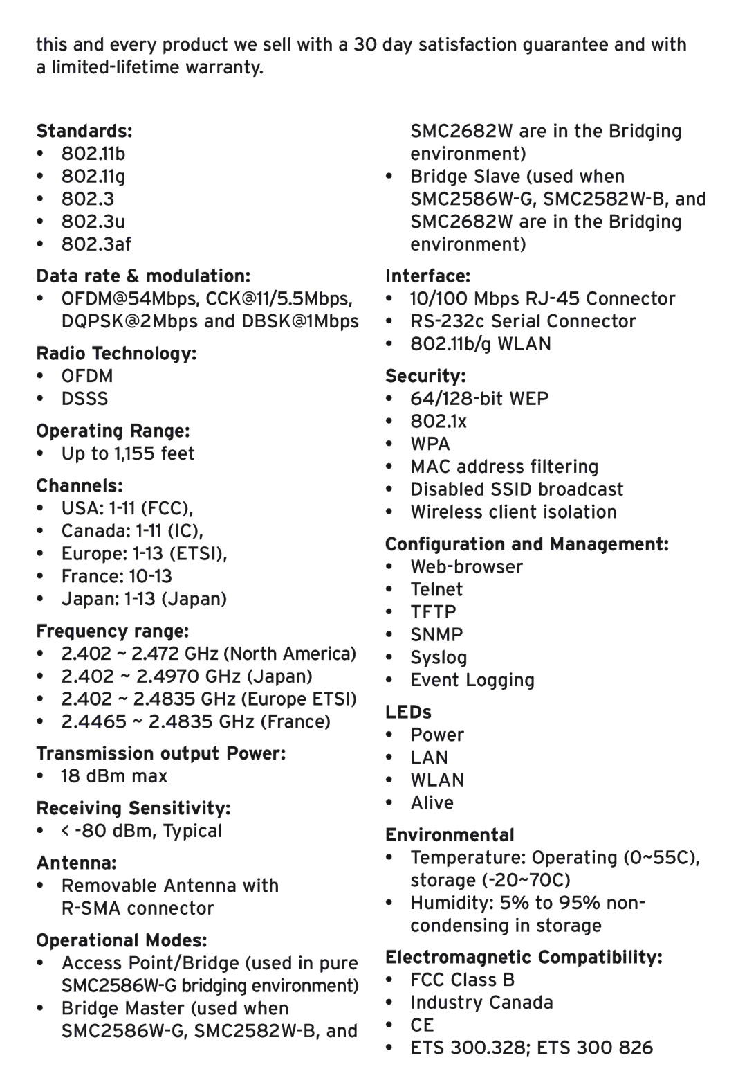 SMC Networks SMC2586W-G Standards, Data rate & modulation, Radio Technology, Operating Range, Channels, Frequency range 