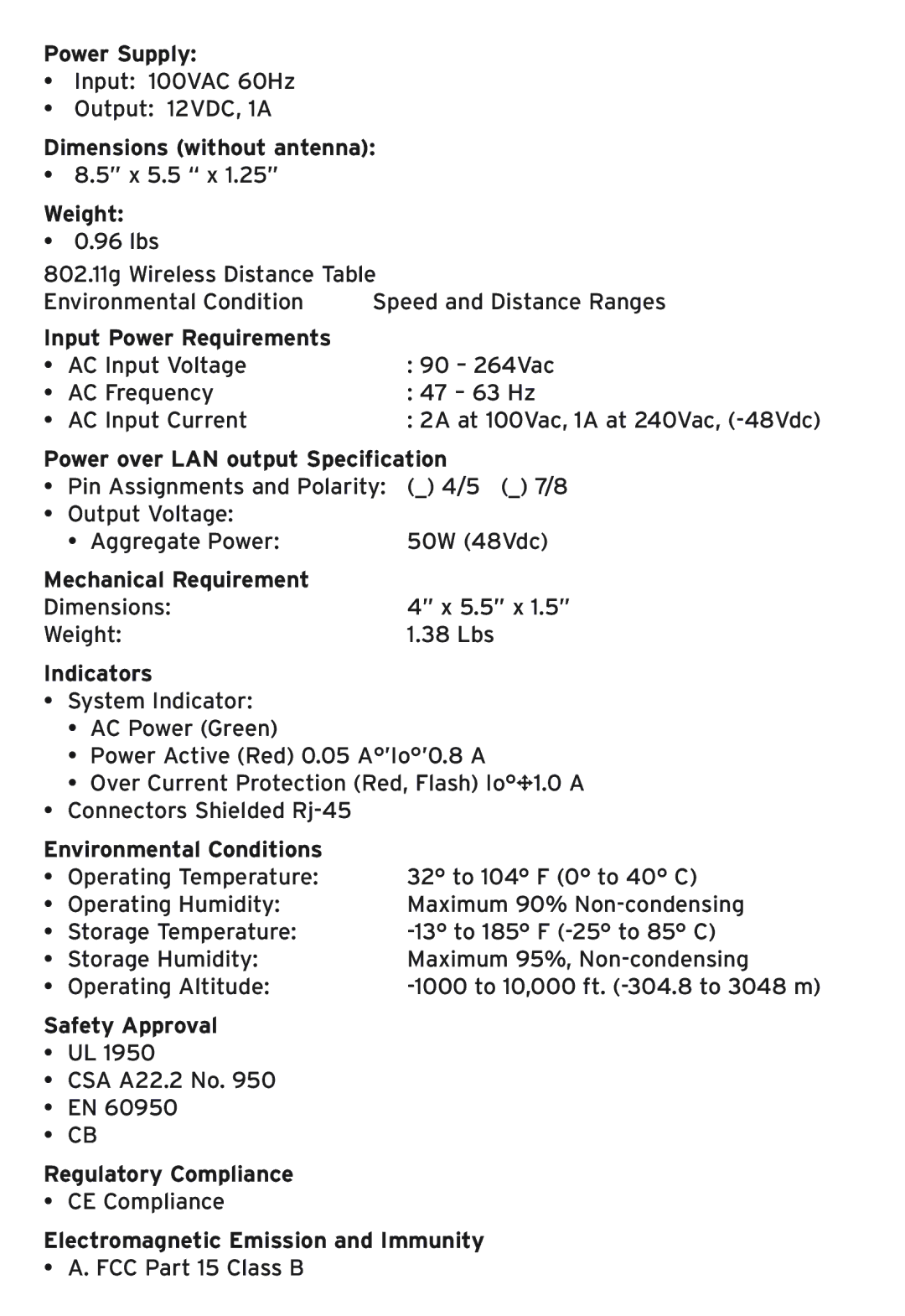 SMC Networks SMC2586W-G Power Supply, Dimensions without antenna, Weight, Input Power Requirements, Mechanical Requirement 