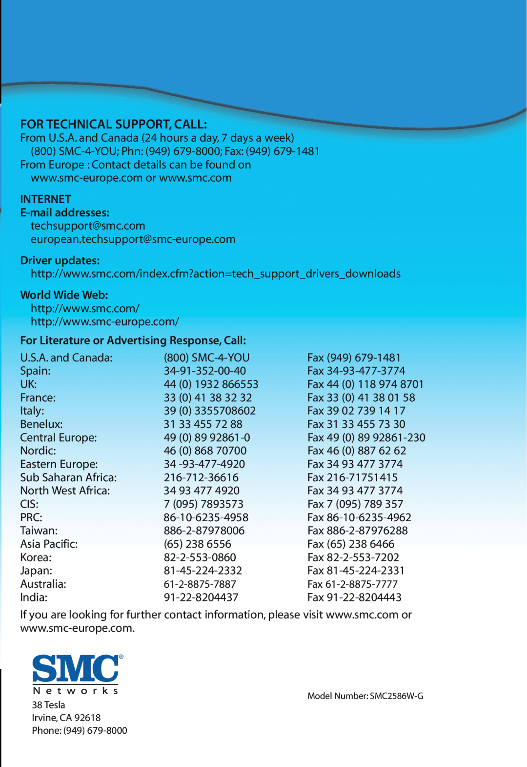 SMC Networks SMC2586W-G manual For Technical SUPPORT, Call 