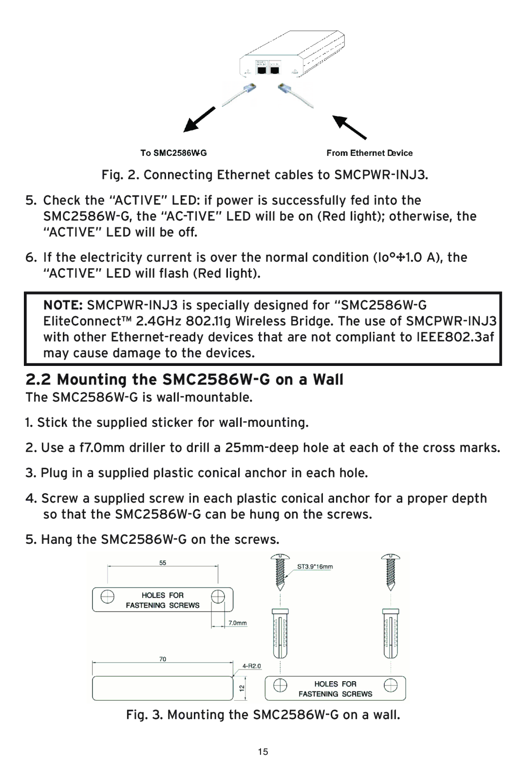 SMC Networks manual Mounting the SMC2586W-G on a Wall, Mounting the SMC2586W-G on a wall 