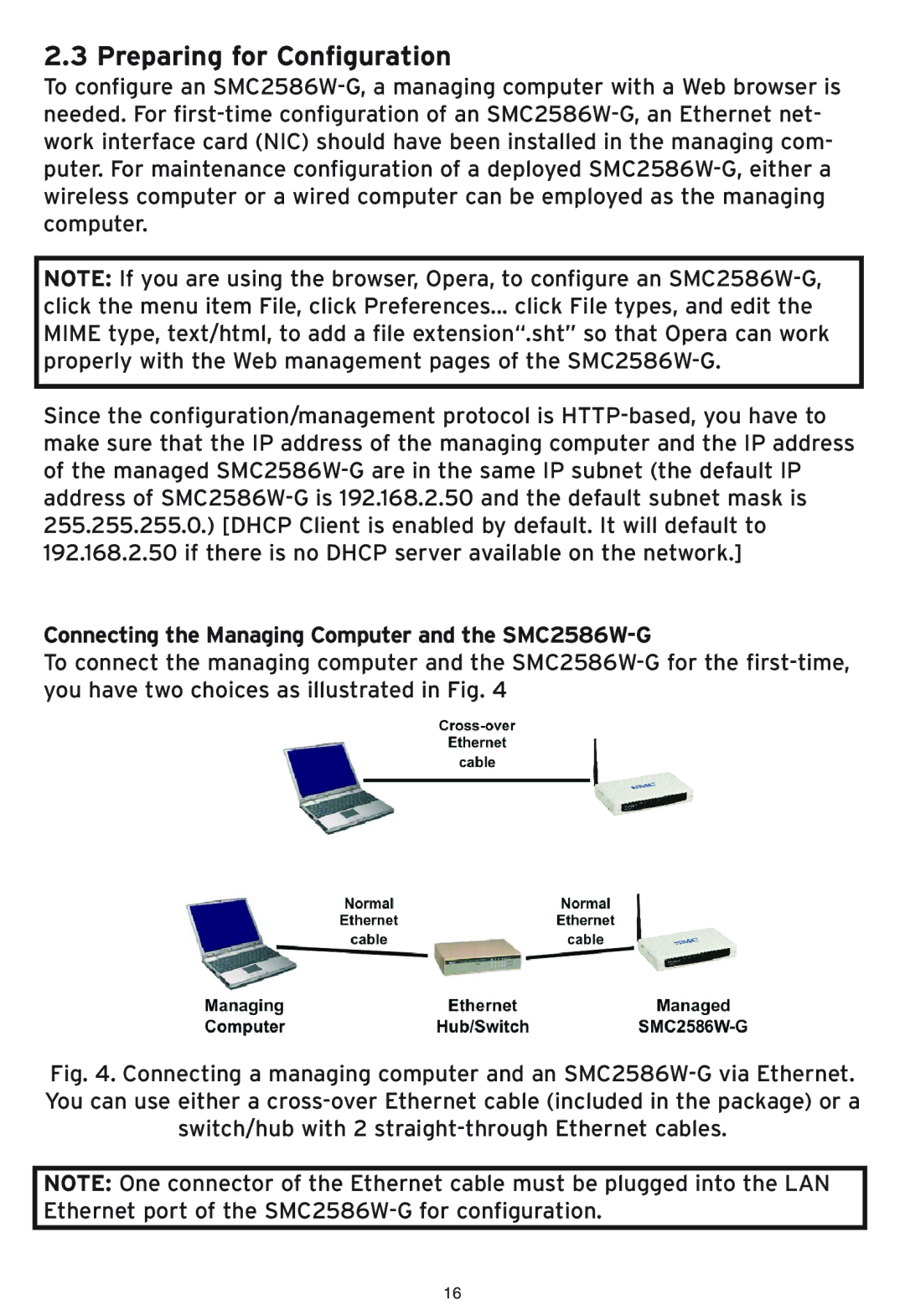 SMC Networks manual Preparing for Configuration, Connecting the Managing Computer and the SMC2586W-G 