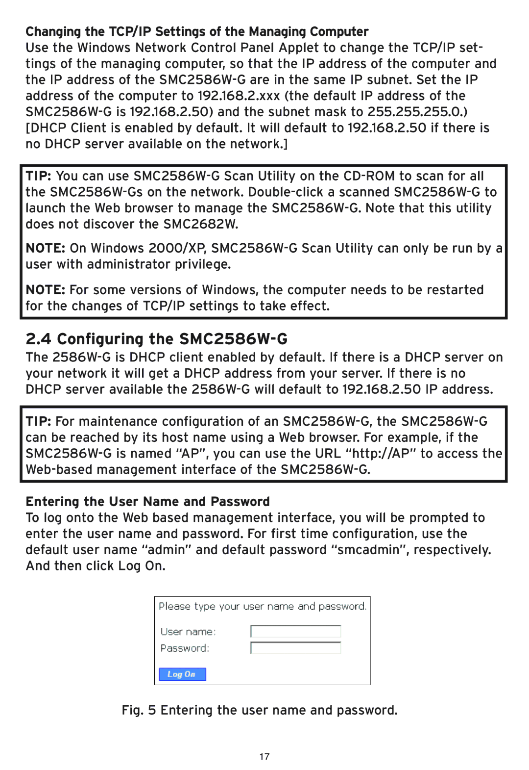 SMC Networks manual Configuring the SMC2586W-G, Changing the TCP/IP Settings of the Managing Computer 