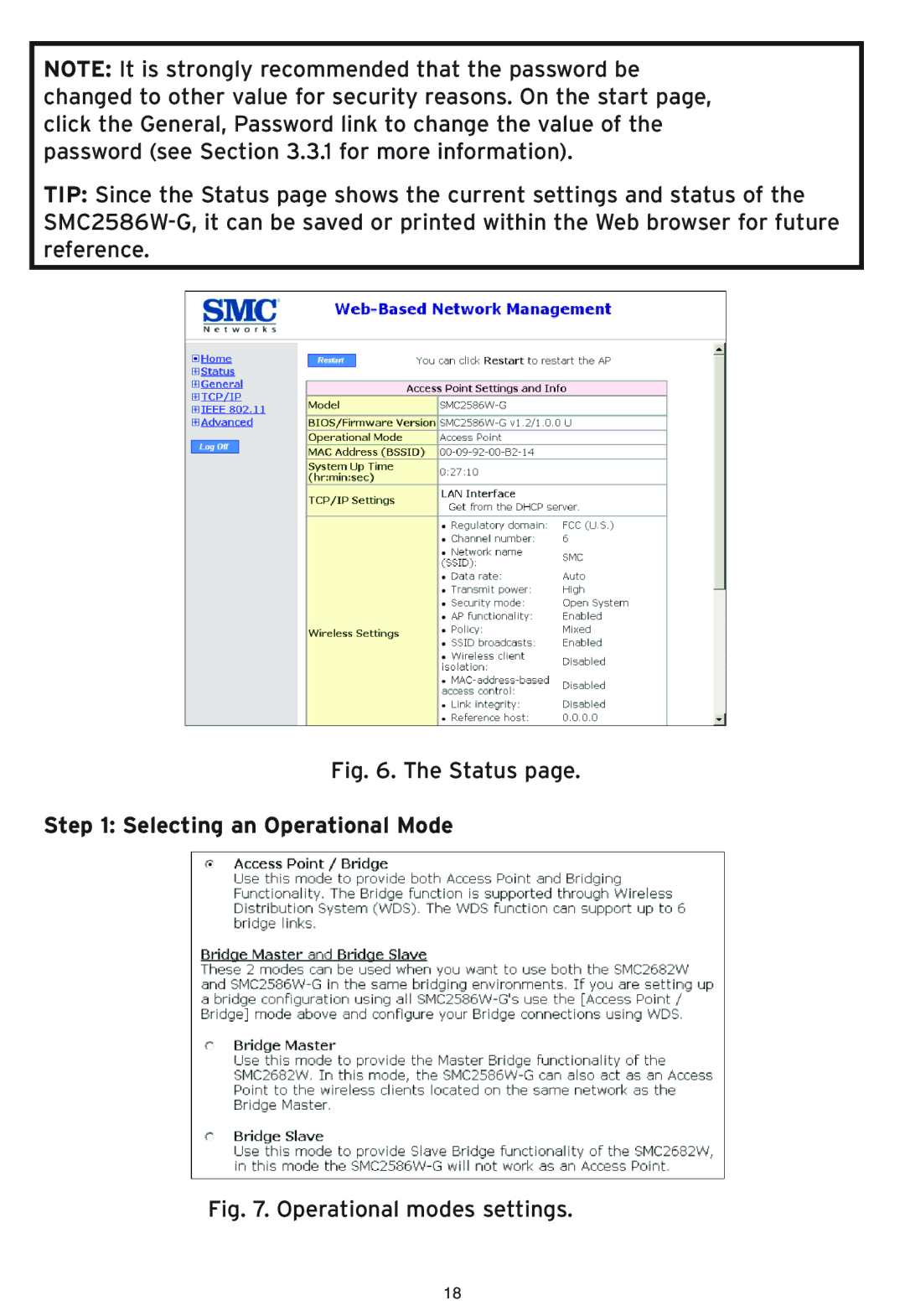 SMC Networks SMC2586W-G manual Status, Selecting an Operational Mode 