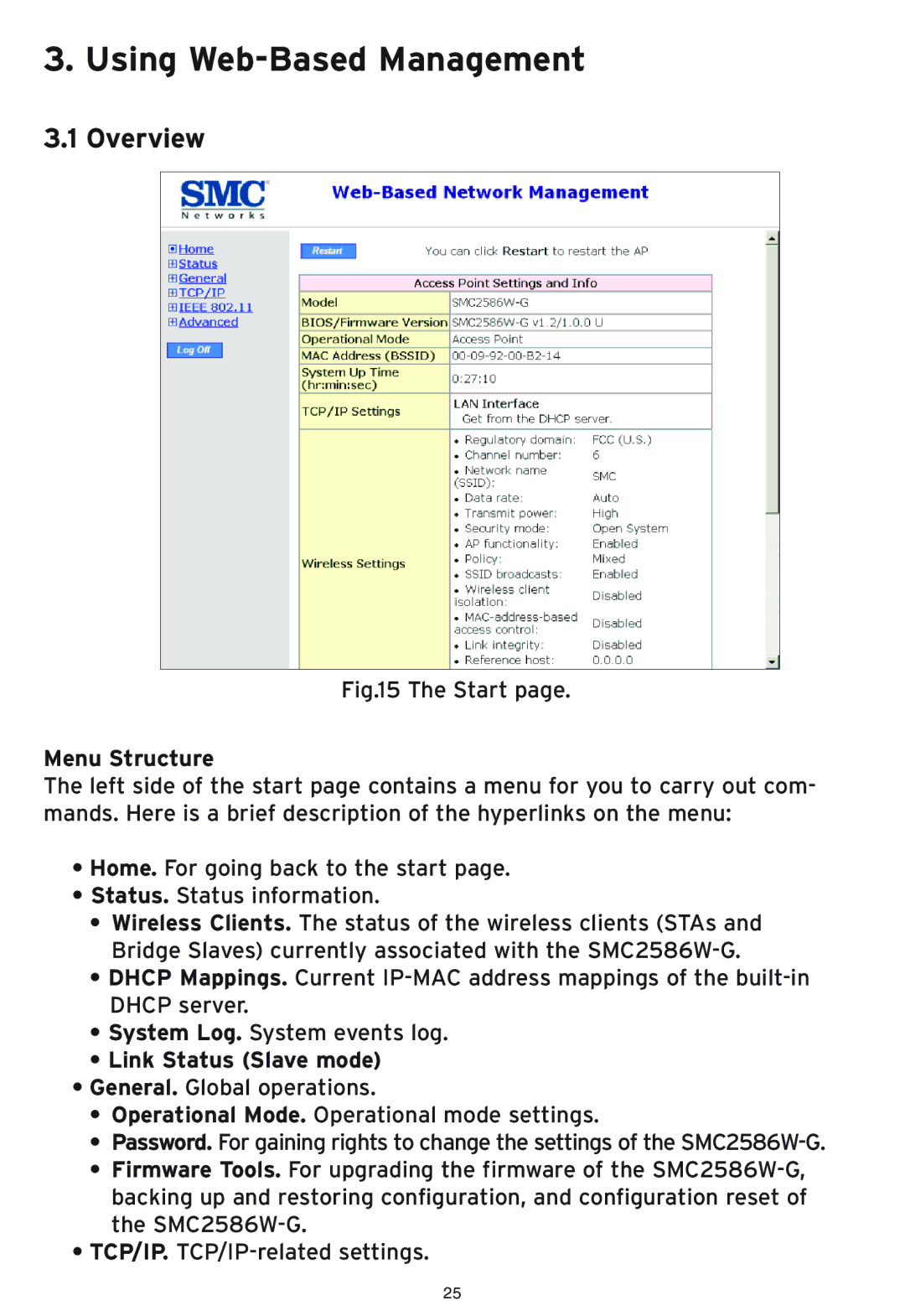 SMC Networks SMC2586W-G manual Menu Structure, Link Status Slave mode 