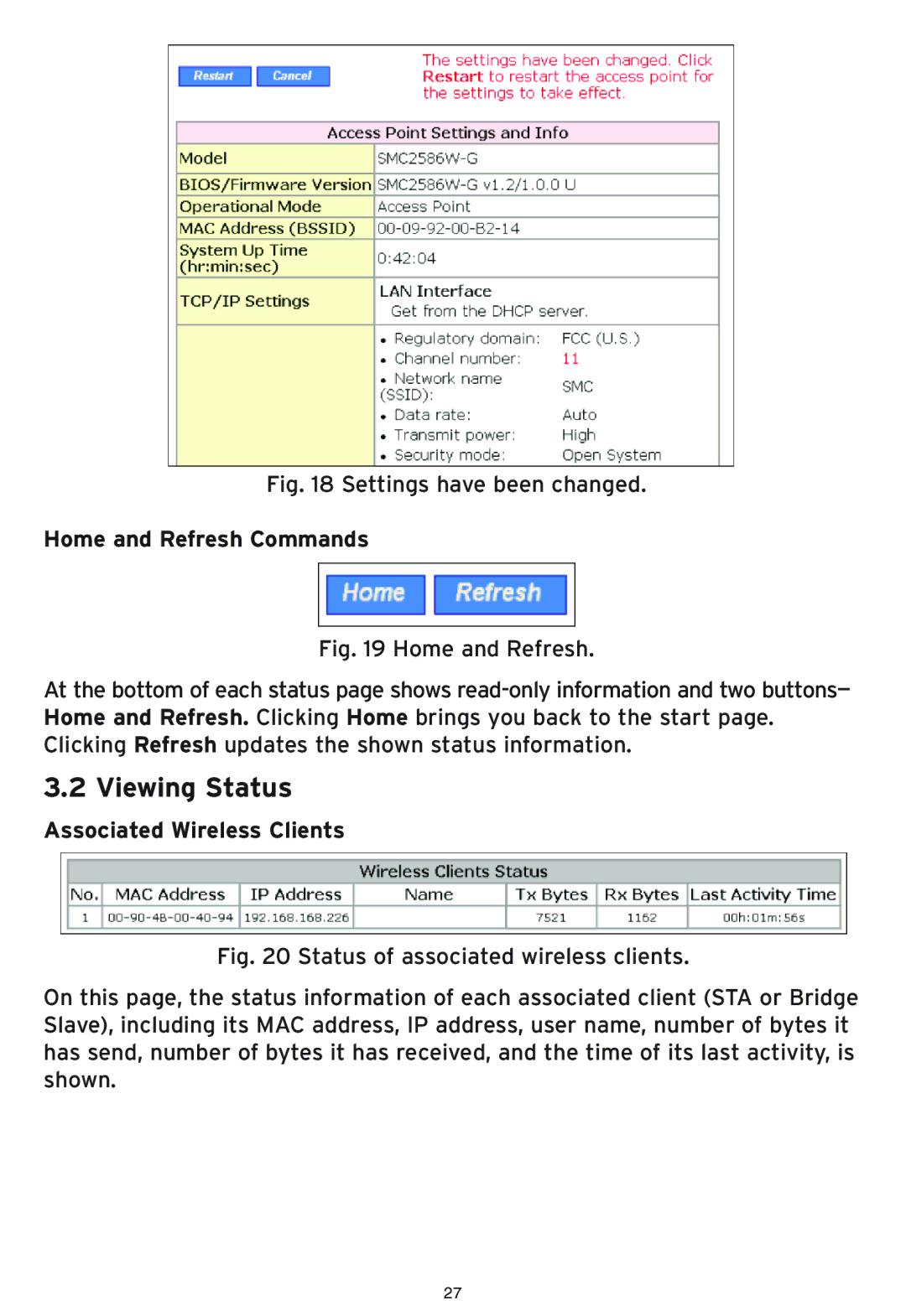 SMC Networks SMC2586W-G manual Viewing Status, Home and Refresh Commands, Associated Wireless Clients 