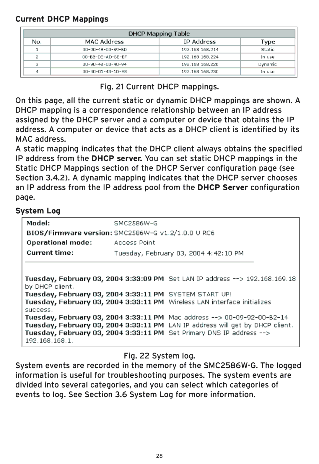 SMC Networks SMC2586W-G manual Current Dhcp Mappings, System Log 