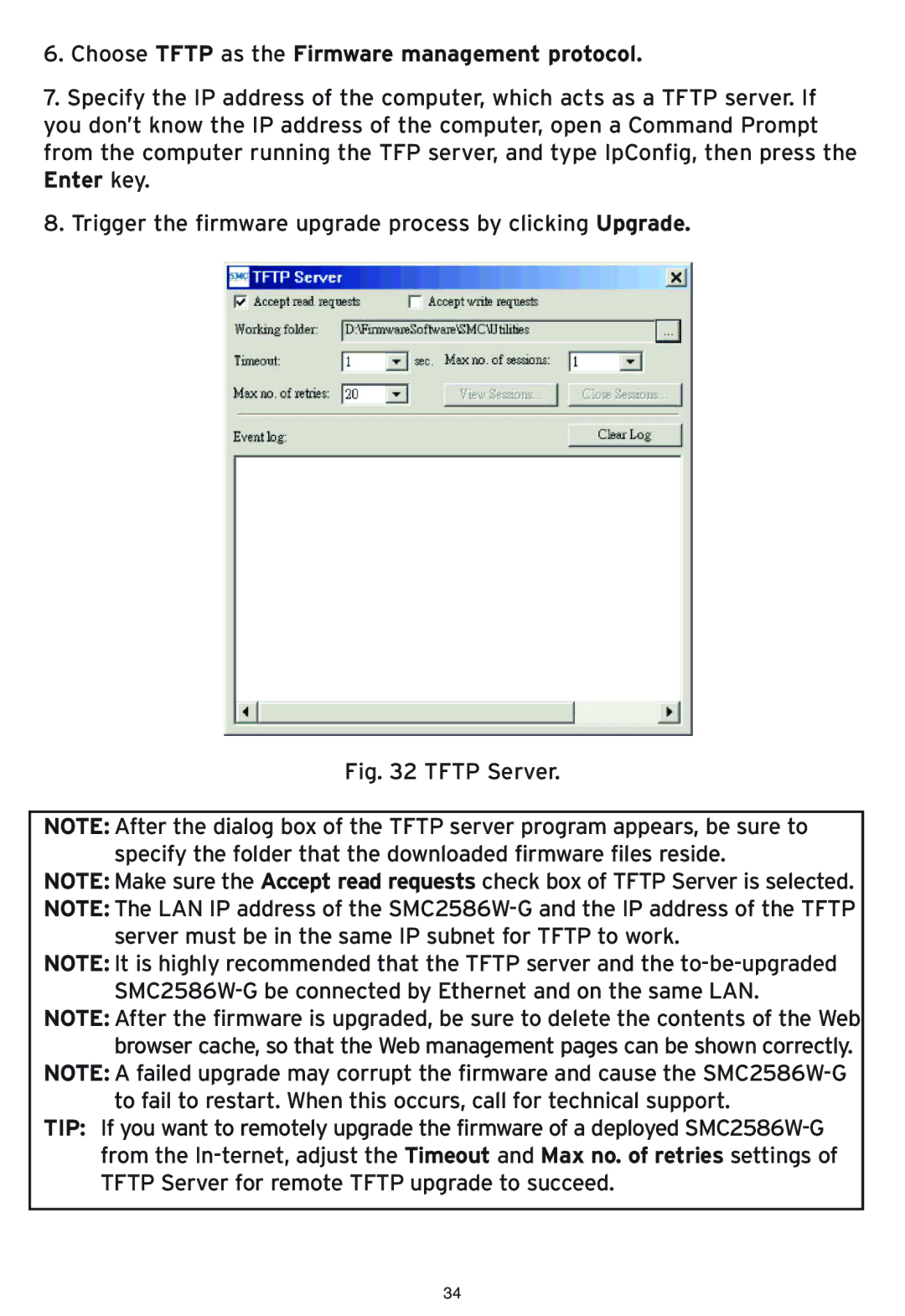 SMC Networks SMC2586W-G manual Choose Tftp as the Firmware management protocol 