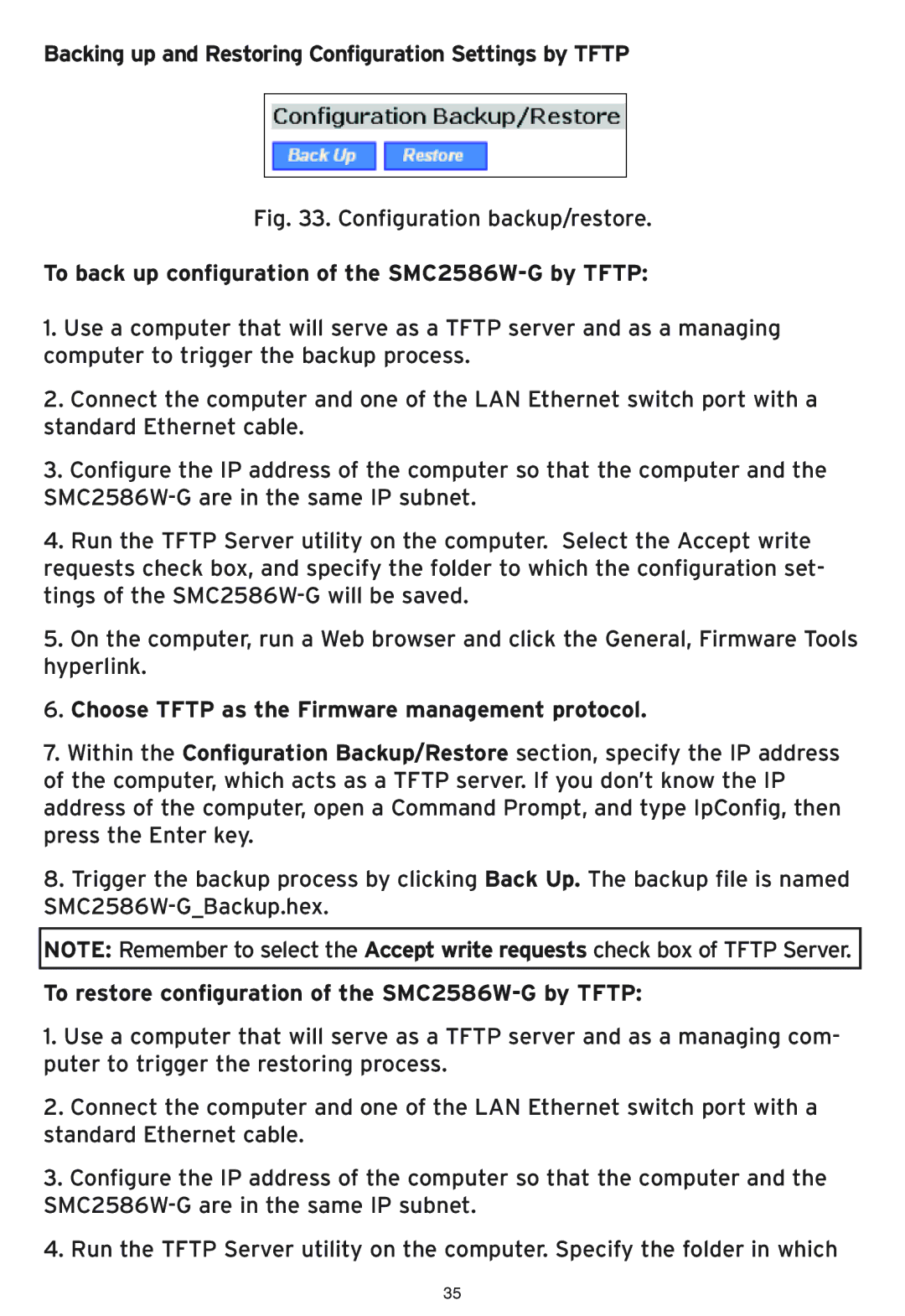 SMC Networks SMC2586W-G manual Backing up and Restoring Configuration Settings by Tftp 