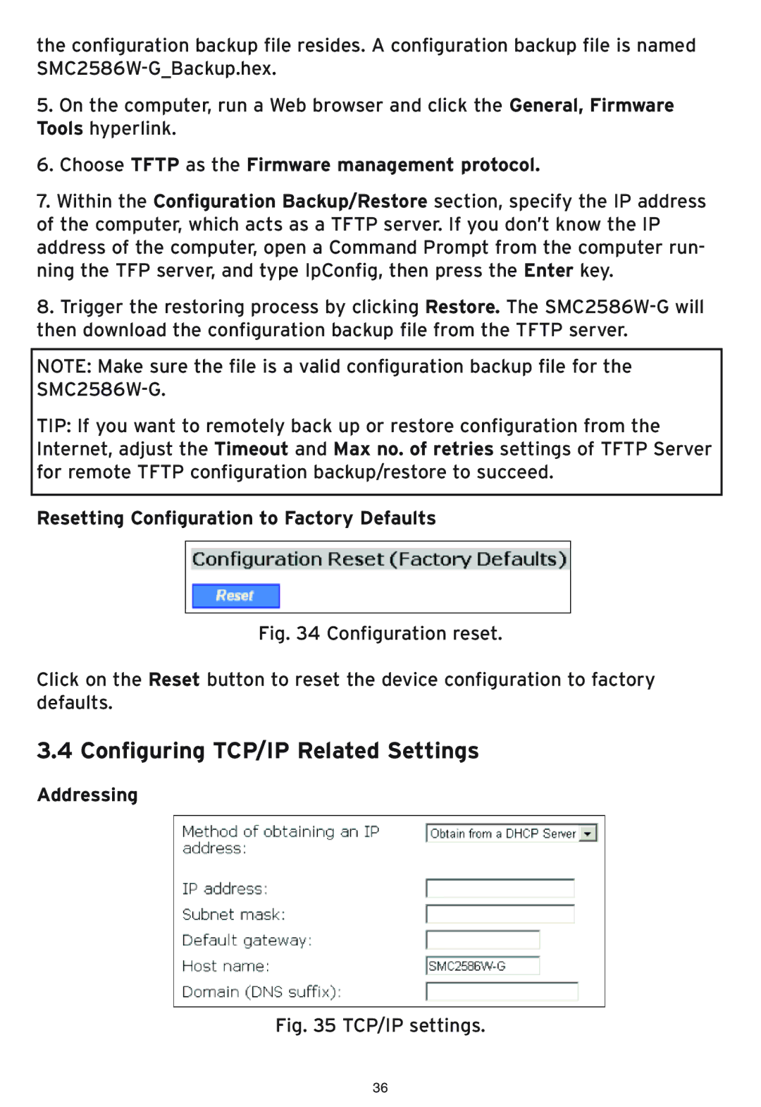 SMC Networks SMC2586W-G manual Configuring TCP/IP Related Settings, Resetting Configuration to Factory Defaults, Addressing 