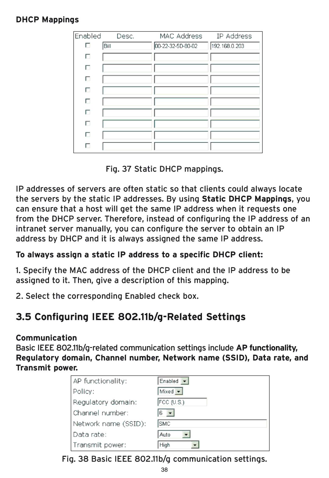 SMC Networks SMC2586W-G manual Configuring Ieee 802.11b/g-Related Settings, Dhcp Mappings, Communication 