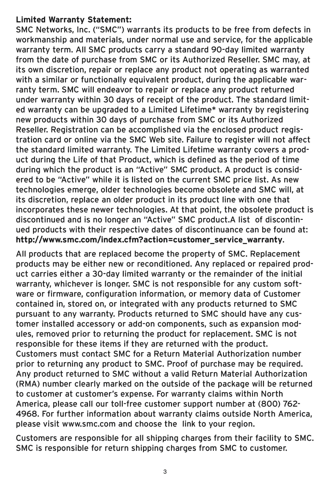 SMC Networks SMC2586W-G manual Limited Warranty Statement 