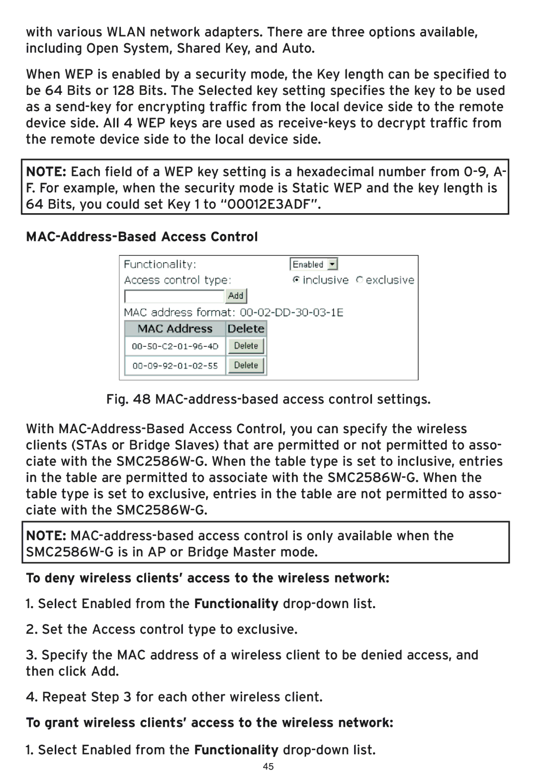 SMC Networks SMC2586W-G manual MAC-Address-Based Access Control, To deny wireless clients’ access to the wireless network 