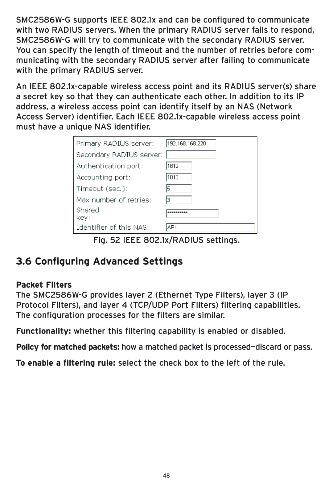 SMC Networks SMC2586W-G manual Configuring Advanced Settings, Packet Filters 