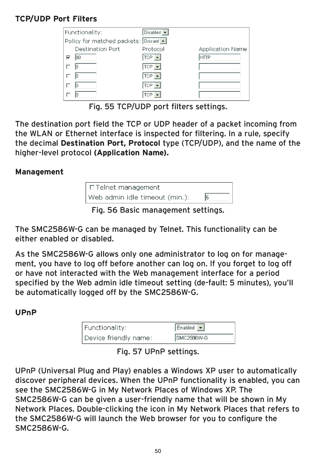 SMC Networks SMC2586W-G manual TCP/UDP Port Filters, UPnP 