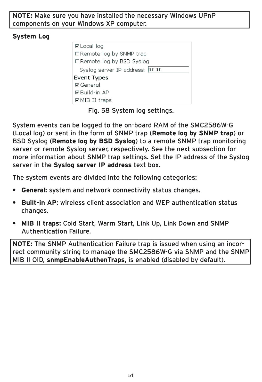 SMC Networks SMC2586W-G manual System Log 