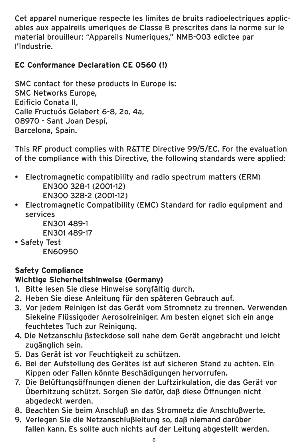 SMC Networks SMC2586W-G manual EC Conformance Declaration CE, Safety Compliance Wichtige Sicherheitshinweise Germany 