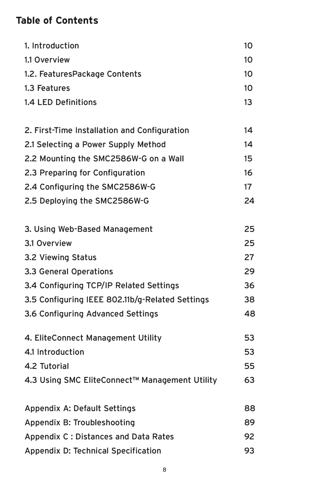 SMC Networks SMC2586W-G manual Table of Contents 