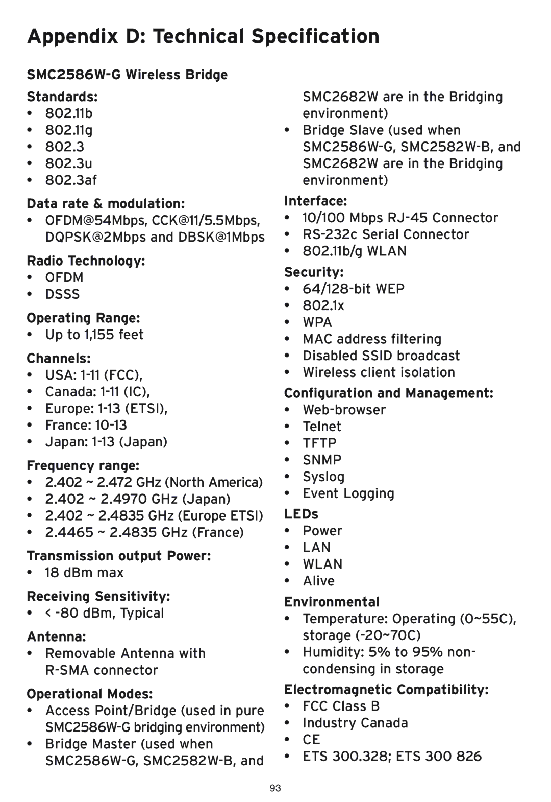 SMC Networks SMC2586W-G Wireless Bridge Standards, Data rate & modulation, Radio Technology, Operating Range, Channels 