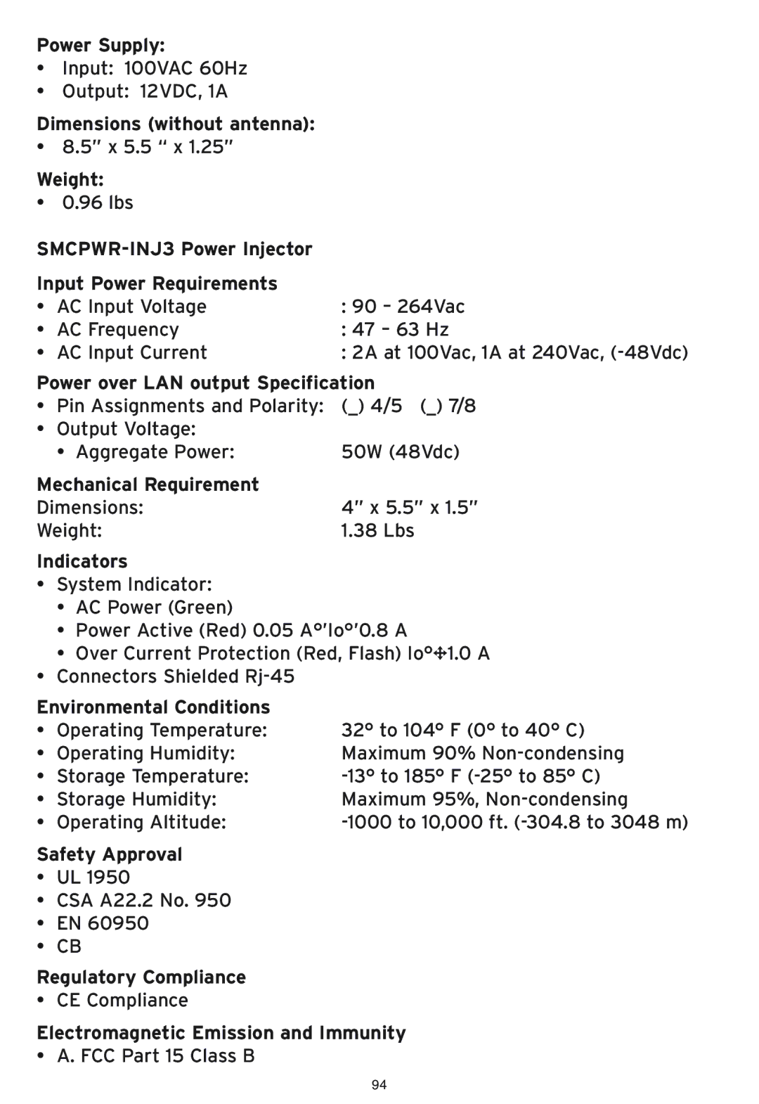 SMC Networks SMC2586W-G Power Supply, Dimensions without antenna, Weight, Power over LAN output Specification, Indicators 