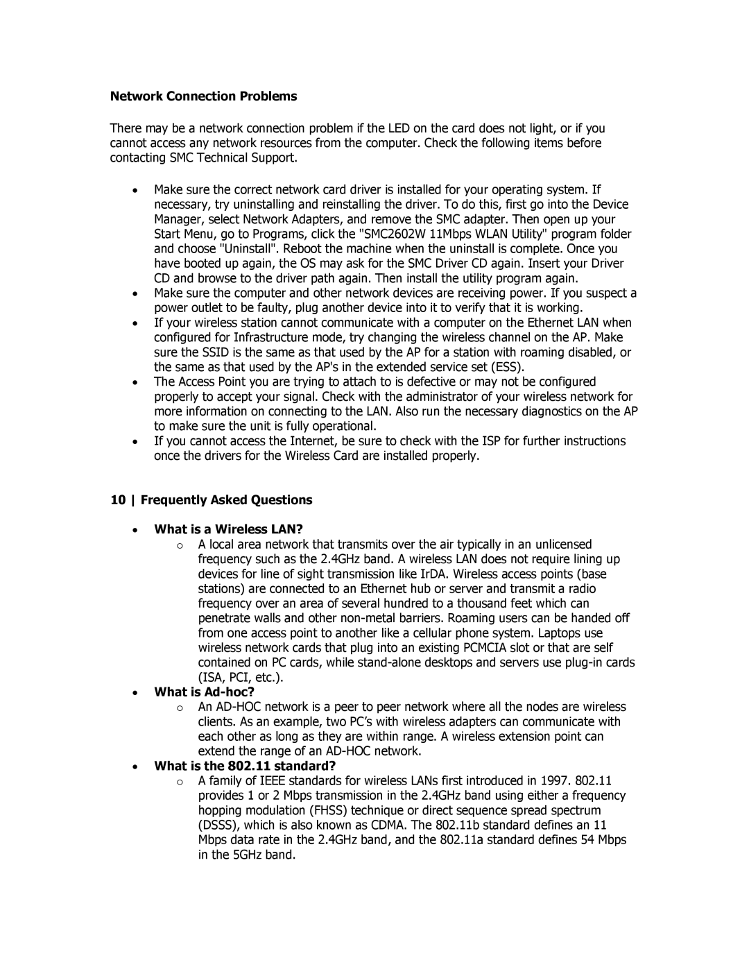 SMC Networks SMC2602W Network Connection Problems, Frequently Asked Questions What is a Wireless LAN?, What is Ad-hoc? 