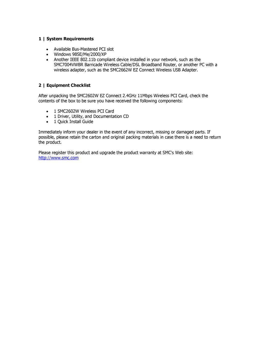 SMC Networks SMC2602W manual System Requirements, Equipment Checklist 