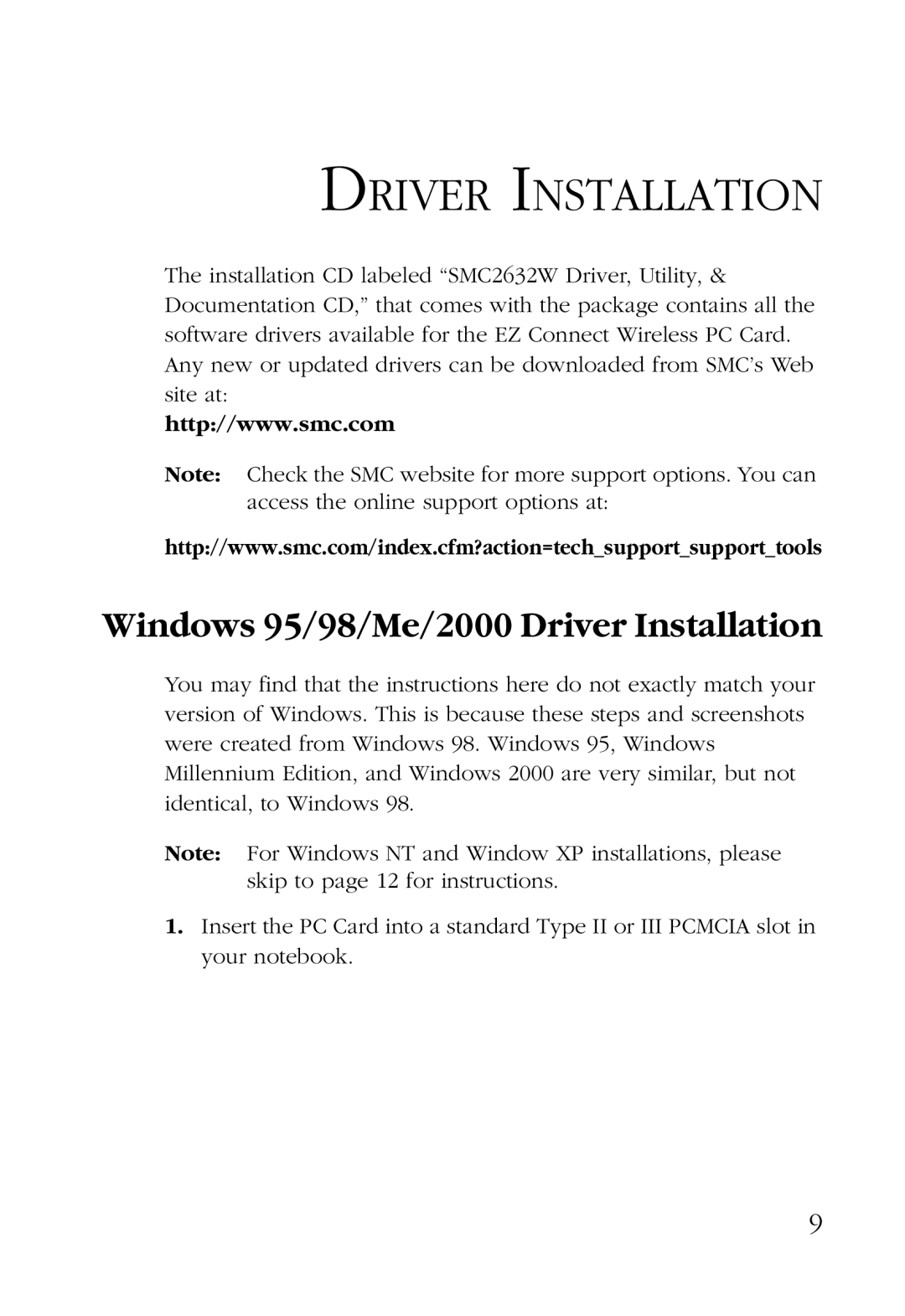 SMC Networks SMC2632W manual Windows 95/98/Me/2000 Driver Installation 