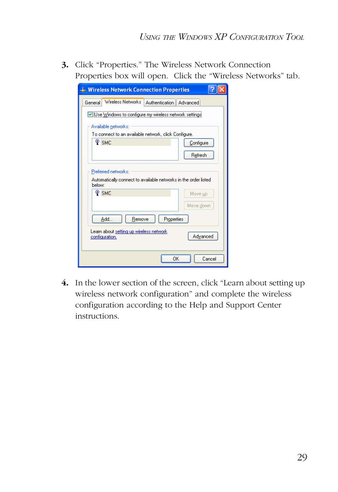 SMC Networks SMC2632W manual Using the Windows XP Configuration Tool 