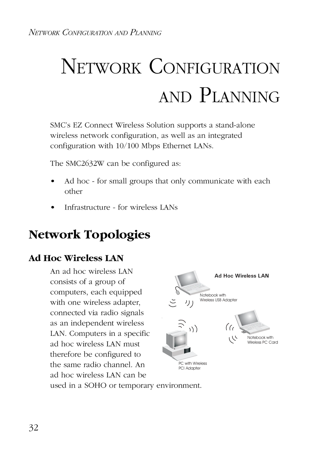 SMC Networks SMC2632W manual Network Topologies, Ad Hoc Wireless LAN 