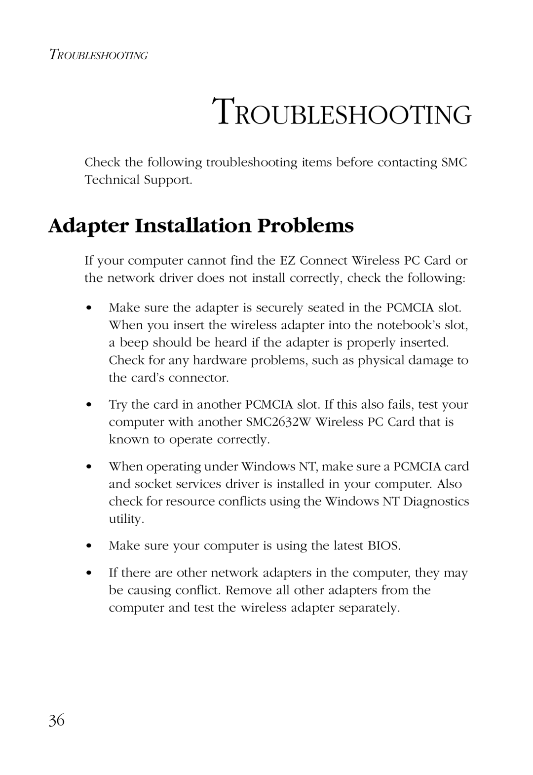 SMC Networks SMC2632W manual Troubleshooting, Adapter Installation Problems 