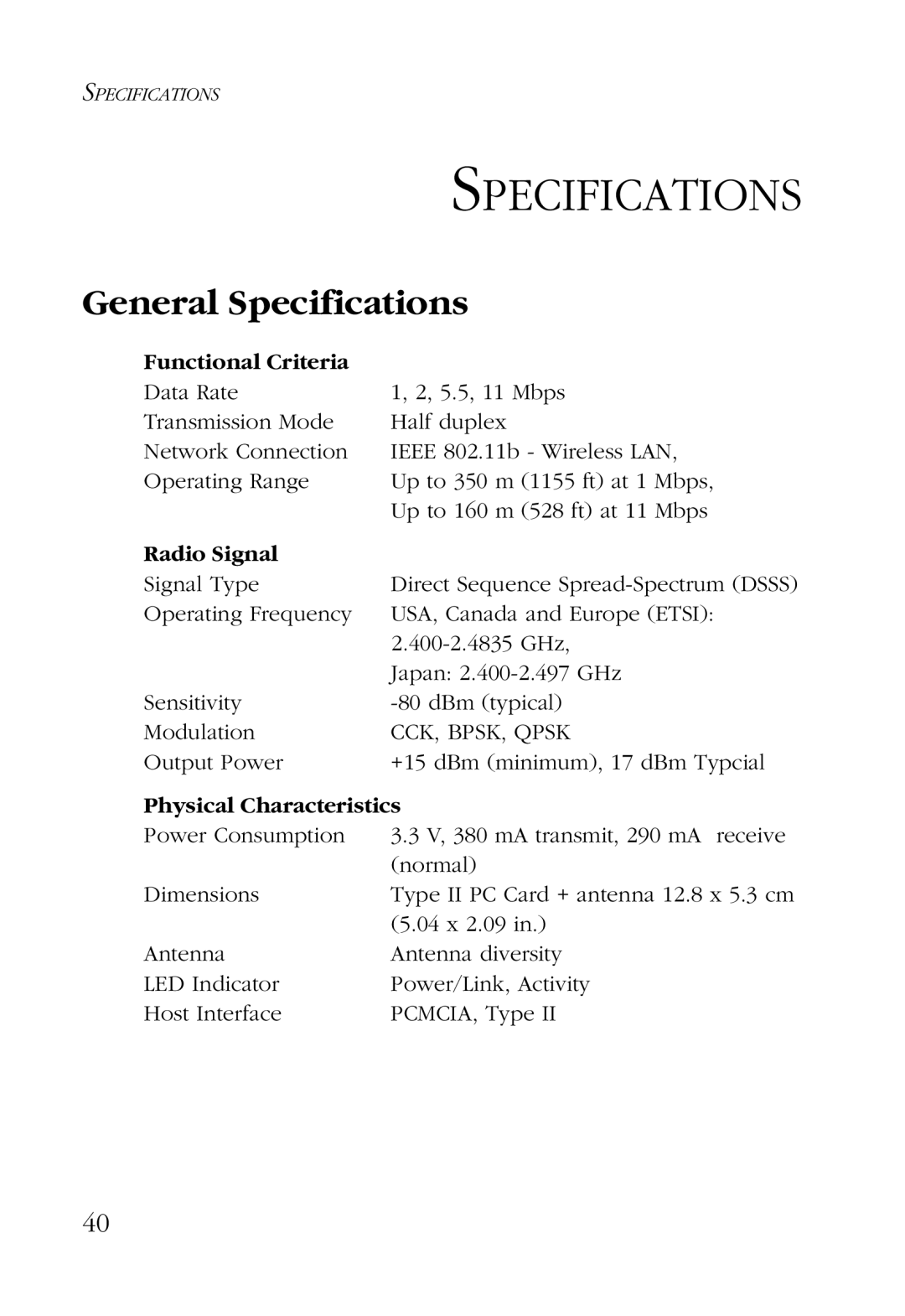 SMC Networks SMC2632W manual General Specifications, Functional Criteria, Radio Signal, Physical Characteristics 