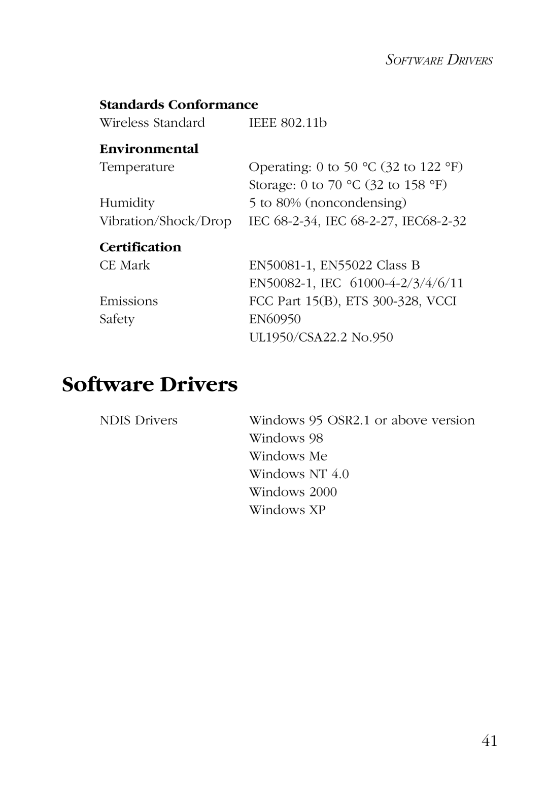 SMC Networks SMC2632W manual Software Drivers, Standards Conformance, Environmental, Certification 