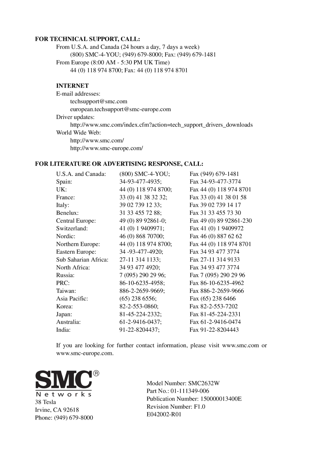 SMC Networks SMC2632W manual For Technical SUPPORT, Call 