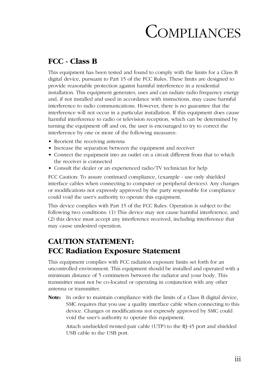 SMC Networks SMC2632W manual Compliances, FCC Class B, FCC Radiation Exposure Statement 